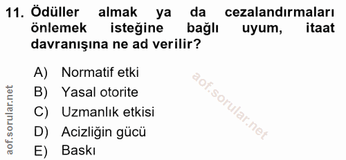 11. soru: Ödüller almak ya da cezalandırmaları önlemek isteğine bağlı uyum, itaat davranışina ne ad verilir? A) Normatif etki B…