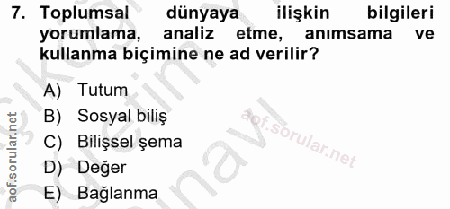 7. soru: Toplumsal dünyaya ilişkin bilgileri yorumlama, analiz etme, anımsama ve kullanma biçimine ne ad verilir? A) Tutum B)…