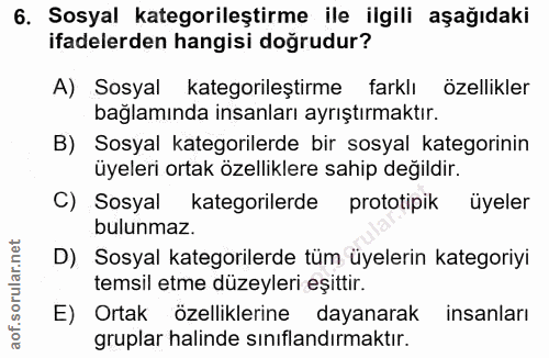 6. soru: Sosyal kategorileştirme ile ilgili aşağıdaki ifadelerden hangisi doğrudur? A) Sosyal kategorileştirme farklı özellikl…