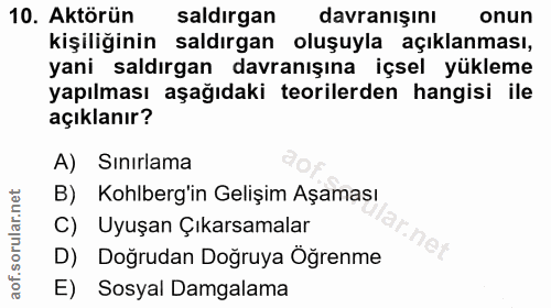 10. soru: Aktörün saldırgan davranışını onun kişiliğinin saldırgan oluşuyla açıklanması, yani saldırgan davranışına içsel yükle…