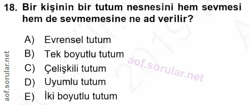 18. soru: Bir kişinin bir tutum nesnesini hem sevmesi hem de sevmemesine ne ad verilir? Evrensel tutum B) Tek boyutlu tutum C)…