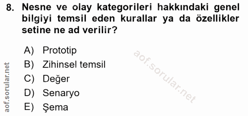 8. soru: Nesne ve olay kategorileri hakkındaki genel bilgiyi temsil eden kurallar ya da özellikler setine ne ad verilir? A) Pr…