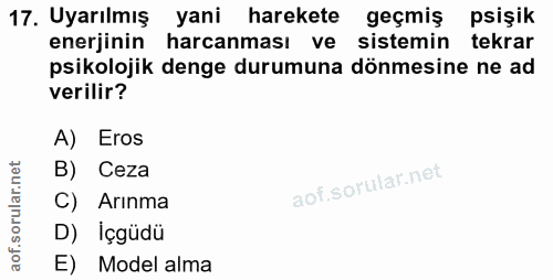 17. soru: Uyarılmış yani harekete geçmiş psişik enerjinin harcanması ve sistemin tekrar psikolojik denge durumuna dönmesine ne…