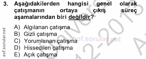 3. soru: Aşağıdakilerden hangisi genel olarak çatışmanın ortaya çıkış süreç aşamalarından biri değildir? A) Algılanan çatışma…