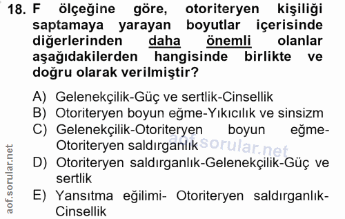 18. soru: F ölçeğine göre, otoriteryen kişiliği saptamaya yarayan boyutlar içerisinde diğerlerinden daha önemli olanlar aşağıda…