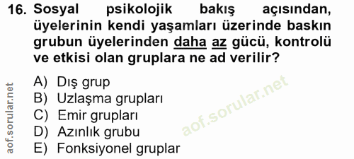 16. soru: Sosyal psikolojik bakış açısından, üyelerinin kendi yaşamları üzerinde baskın grubun üyelerinden daha az gücü, kontro…