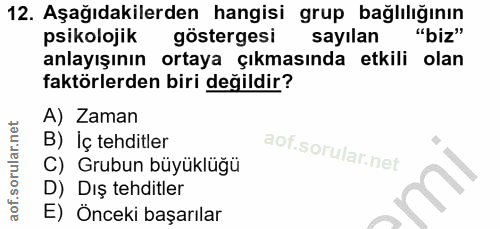 12. soru: Aşağıdakilerden hangisi grup bağlılığının psikolojik göstergesi sayılan "biz" anlayışının ortaya çıkmasında etkili ol…