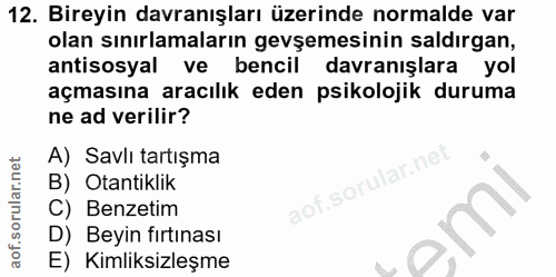 12. soru: Bireyin davranışları üzerinde normalde var olan sınırlamaların gevşemesinin saldırgan, antisosyal ve bencil davranışl…