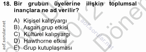 18. soru: Bir grubun üyelerine ilişkin toplumsal inançlara ne ad verilir? A) Kişisel kalıpyargı one B) Asgari grup etkisi C) Kü…