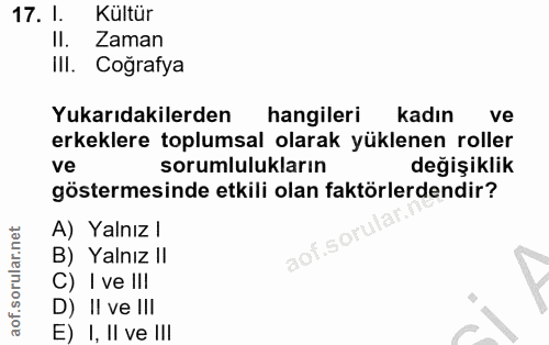 17. soru: 1. Kültür II. Zaman III. Coğrafya Yukarıdakilerden hangileri kadın ve erkeklere toplumsal olarak yüklenen roller ve s…