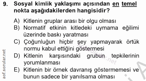 9. soru: Sosyal kimlik yaklaşımı açısından en temel nokta aşağıdakilerden hangisidir? A) Kitlenin gruplar arası bir olgu olmas…