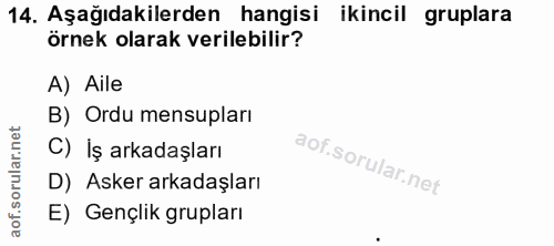 14. soru: Aşağıdakilerden hangisi ikincil gruplara örnek olarak verilebilir? A) Aile B) Ordu mensupları C) İş arkadaşları D) As…