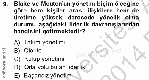 9. soru: Blake ve Mouton'un yönetim biçim ölçeğine göre hem kişiler arası ilişkilere hem de üretime yüksek derecede yönelik ol…