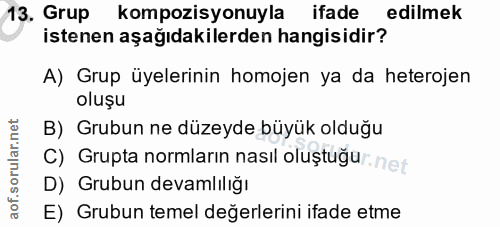 13. soru: Grup kompozisyonuyla ifade edilmek istenen aşağıdakilerden hangisidir? A) Grup üyelerinin homojen ya da heterojen olu…