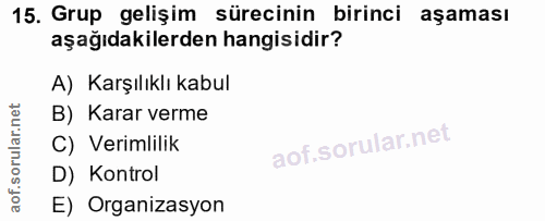 15. soru: Grup gelişim sürecinin birinci aşaması aşağıdakilerden hangisidir? A) Karşılıklı kabul B) Karar verme C) Verimlilik D…