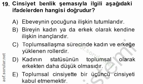 19. soru: Cinsiyet benlik şemasıyla ilgili aşağıdaki ifadelerden hangisi doğrudur? A) Ebeveynin çocuğuna ilişkin tutumlarıdır.…