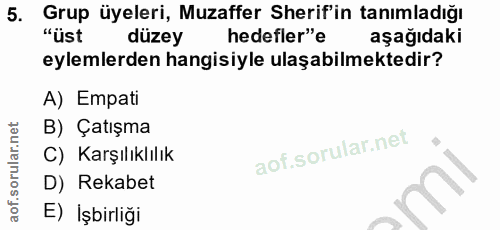 5. soru: Grup üyeleri, Muzaffer Serif'in tanımladığı "üst düzey hedefler"e aşağıdaki eylemlerden hangisiyle ulaşabilmektedir?…