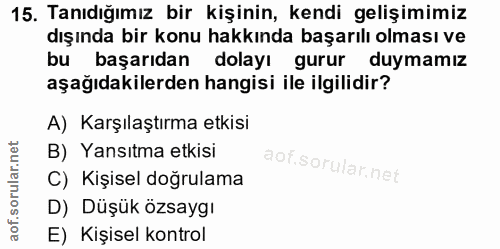 15. soru: Tanıdığımız bir kişinin, kendi gelişimimiz dışında bir konu hakkında başarılı olması ve bu başarıdan dolayı gurur duy…