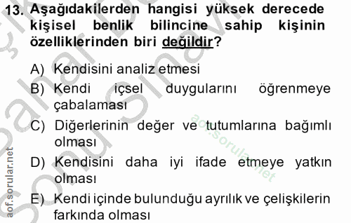 13. soru: Aşağıdakilerden hangisi yüksek derecede kişisel benlik bilincine sahip kişinin özelliklerinden biri değildir? A) Kend…