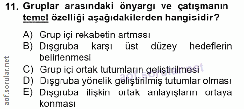 11. soru: Gruplar arasındaki önyargı ve çatışmanın temel özelliği aşağıdakilerden hangisidir? A) Grup içi rekabetin artması B)…