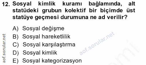 12. soru: Sosyal kimlik kuramı bağlamında, alt statüdeki grubun kolektif bir biçimde üst statüye geçmesi durumuna ne ad verilir…