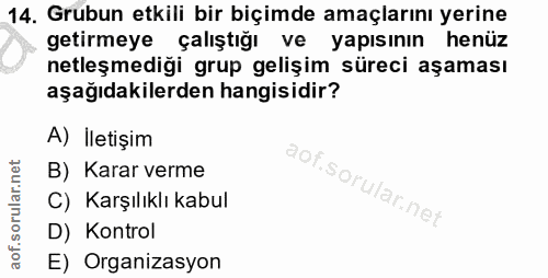 14. soru: Grubun etkili bir biçimde amaçlarını yerine getirmeye çalıştığı ve yapısının henüz netleşmediği grup gelişim süreci a…