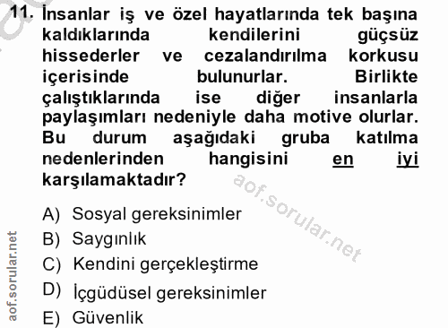 11. soru: Insanlar iş ve özel hayatlarında tek başına kaldıklarında kendilerini güçsüz hissederler ve cezalandırılma korkusu iç…