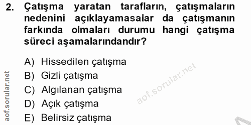 2. soru: Çatışma yaratan tarafların, çatışmaların nedenini açıklayamasalar da çatışmanın farkında olmaları durumu hangi çatışm…