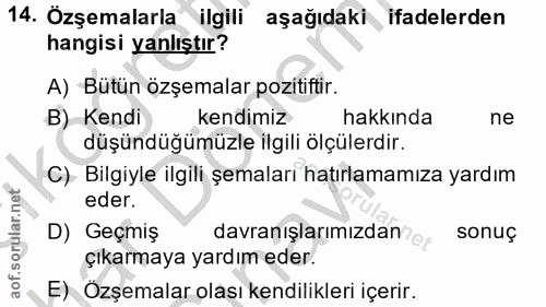 14. soru: Özşemalarla ilgili aşağıdaki ifadelerden hangisi yanlıştır? A) Bütün özşemalar pozitiftir. B) Kendi kendimiz hakkında…