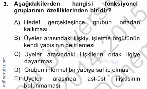 3. soru: Aşağıdakilerden hangisi fonksiyonel gruplarının özelliklerinden biridir? A) Hedef gerçekleşince grubun ortadan kalkma…