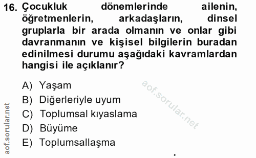 16. soru: Çocukluk dönemlerinde ailenin, ögretmenlerin, arkadaşların, dinsel gruplarla bir arada olmanın ve onlar gibi davranma…