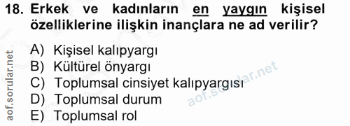 18. soru: Erkek ve kadınların en yaygın kişisel özelliklerine ilişkin inançlara ne ad verilir? A) Kişisel kalıpyargı B) Kültüre…