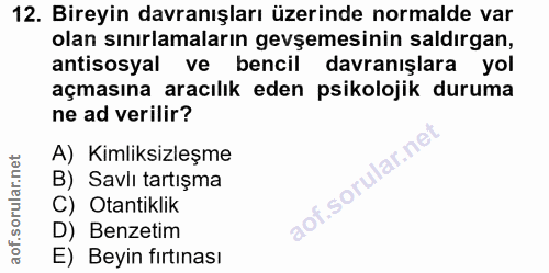 12. soru: Bireyin davranışları üzerinde normalde var olan sınırlamaların gevşemesinin saldırgan, antisosyal ve bencil davranışl…