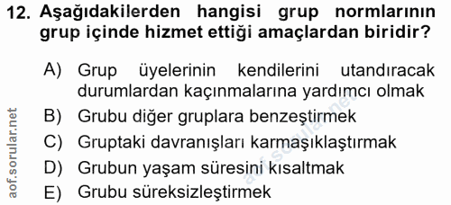 12. soru: Aşağıdakilerden hangisi grup normlarının grup içinde hizmet ettiği amaçlardan biridir? A) Grup üyelerinin kendilerini…