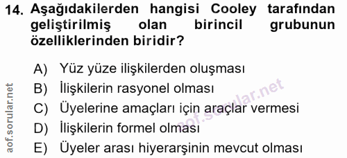 14. soru: Aşağıdakilerden hangisi Cooley tarafından geliştirilmiş olan birincil grubunun özelliklerinden biridir? A) Yüz yüze i…