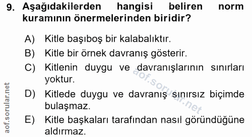 9. soru: Aşağıdakilerden hangisi beliren norm kuramının önermelerinden biridir? A) Kitle başıboş bir kalabalıktır. B) Kitle bi…