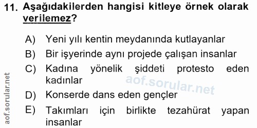 11. soru: Aşağıdakilerden hangisi kitleye örnek olarak verilemez? A) Yeni yılı kentin meydanında kutlayanlar B) Bir işyerinde a…
