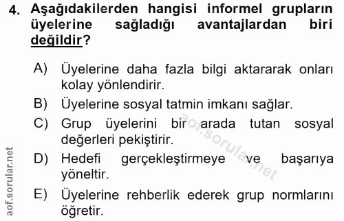 4. soru: Aşağıdakilerden hangisi informel grupların uyelerine sağladiğı avantajlardan biri değildir? A) Üyelerine daha fazla b…
