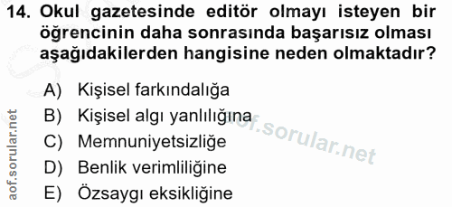 14. soru: Okul gazetesinde editör olmayı isteyen bir öğrencinin daha sonrasında başarısız olması aşağıdakilerden hangisine nede…