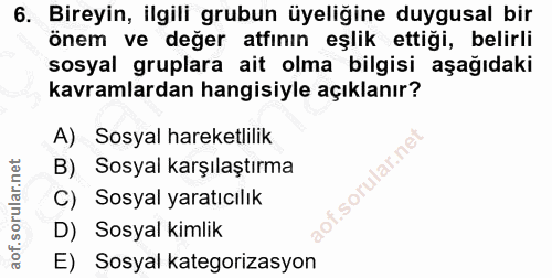 6. soru: Bireyin, ilgili grubun üyeliğine duygusal bir önem ve değer atfının eşlik ettiği, belirli sosyal gruplara ait olma bi…