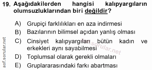 19. soru: Aşağıdakilerden hangisi kalıpyargıların olumsuzluklarından biri değildir? A) Grupiçi farklılıkları en aza indirmesi B…