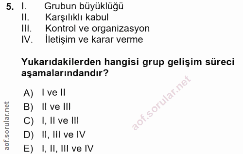 5. soru: l. Grubun büyüklüğü II. Karşılıklı kabul III. Kontrol ve organizasyon IV. Iletişim ve karar verme Yukarıdakilerden ha…
