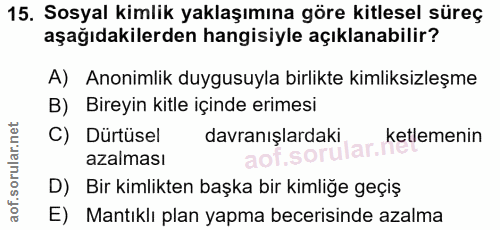 15. soru: Sosyal kimlik yaklaşımına göre kitlesel süreç aşağıdakilerden hangisiyle açıklanabilir? A) Anonimlik duygusuyla birli…