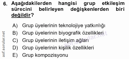 6. soru: Aşağıdakilerden hangisi grup etkileşim sürecini belirleyen değişkenlerden biri değildir? A) Grup üyelerinin teknoloji…