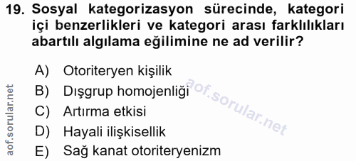 19. soru: Sosyal kategorizasyon sürecinde, kategori içi benzerlikleri ve kategori arası farklılıkları abartılı algılama eğilimi…