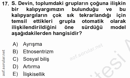 17. soru: S. Devin, toplumdaki grupların çoğuna ilişkin bir kalıpyargımızın bulunduğu ve bu kalıpyargıların çok sık tekrarlandı…