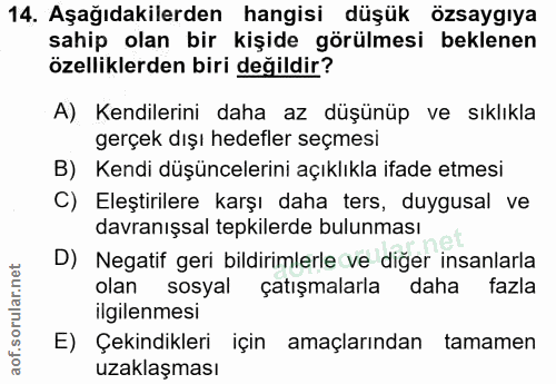 14. soru: Aşağıdakilerden hangisi düşük özsaygıya sahip olan bir kişide görülmesi beklenen özelliklerden biri değildir? A) Kend…