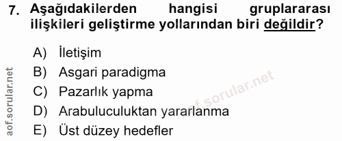 7. soru: Aşağıdakilerden hangisi gruplararası ilişkileri geliştirme yollarından biri değildir? A) İletişim B) Asgari paradigma…