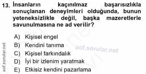 13. soru: Insanların kaçınılmaz başarısızlıkla sonuçlanan deneyimleri olduğunda, bunun yeteneksizlikle değil, başka mazeretlerl…