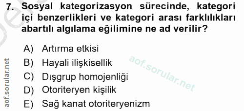 7. soru: Sosyal kategorizasyon sürecinde, kategori içi benzerlikleri ve kategori arası farklılıkları abartılı algılama eğilimi…